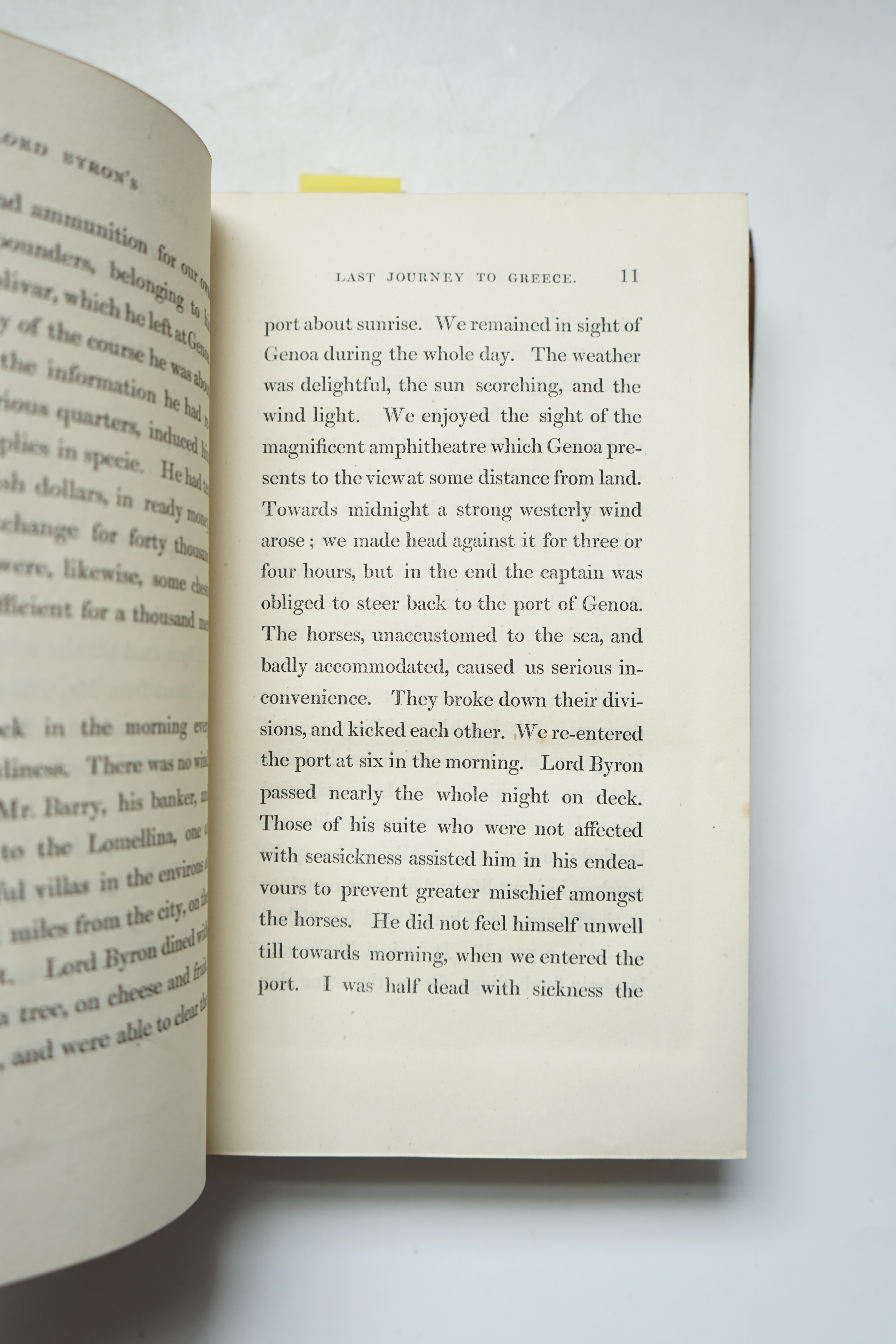 Gamba, Pietro - A Narrative of Lord Byron’s Last Journey to Greece, 1st edition, half title, 2 folding facsimiles of letters, 8vo, rebound half calf with marbled boards, 1825, bound with Panam, P.A.A - Memoirs of a Young